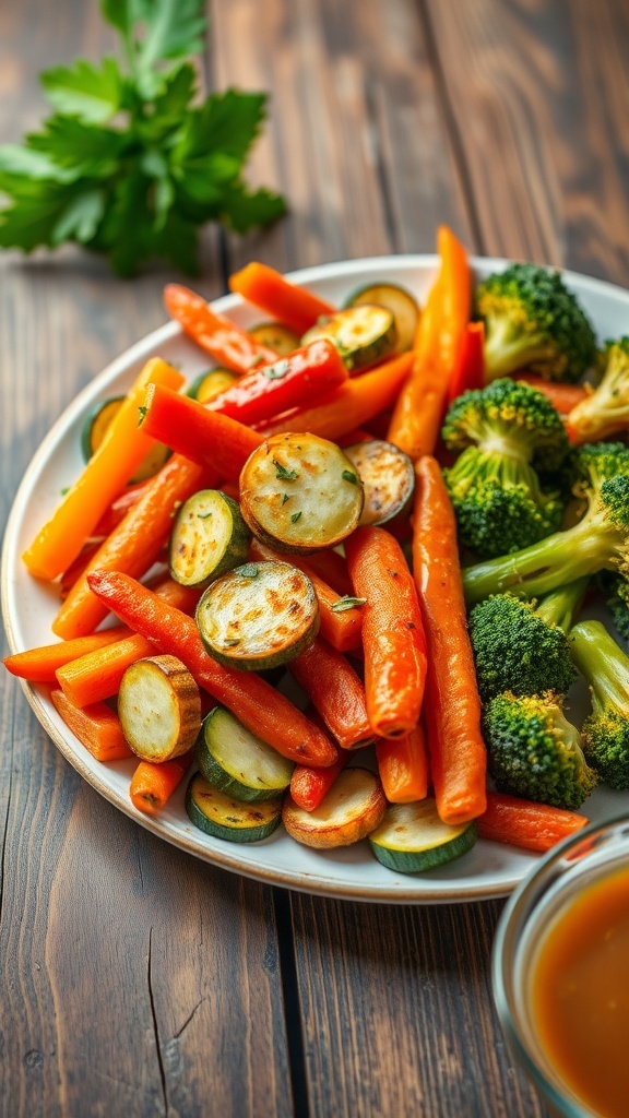 A plate of crispy air-fried vegetables including zucchini, bell peppers, carrots, and broccoli, garnished with herbs.